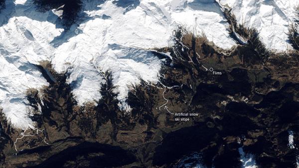 从太空拍摄的无雪滑雪场-阿尔卑斯山和比利牛斯山缺乏降雪